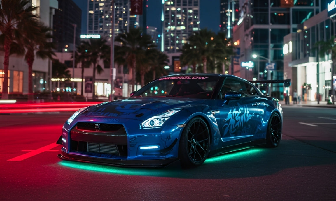 Blue Nissan GT-R with green underglow, styled for Underglow.ca street car culture