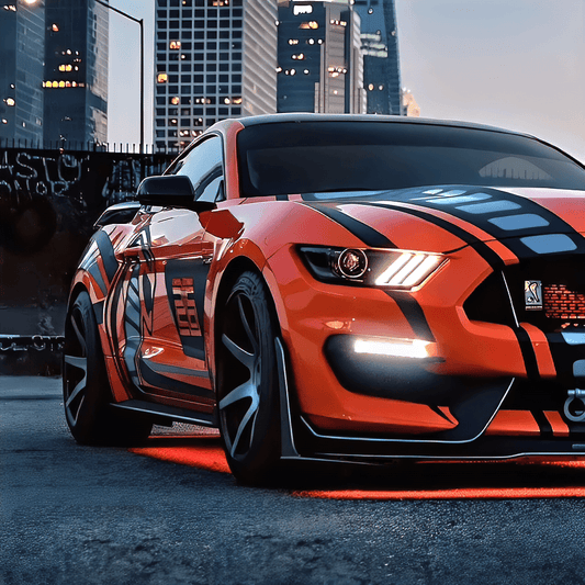 Ford Mustang Shelby Parked in downtown with orange best car underglow