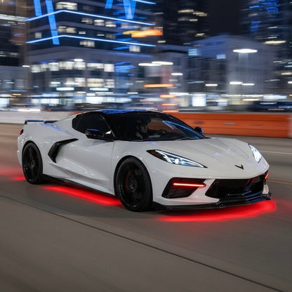 White Corvette C8 Stingray with Extended Size Pro Series Underglow