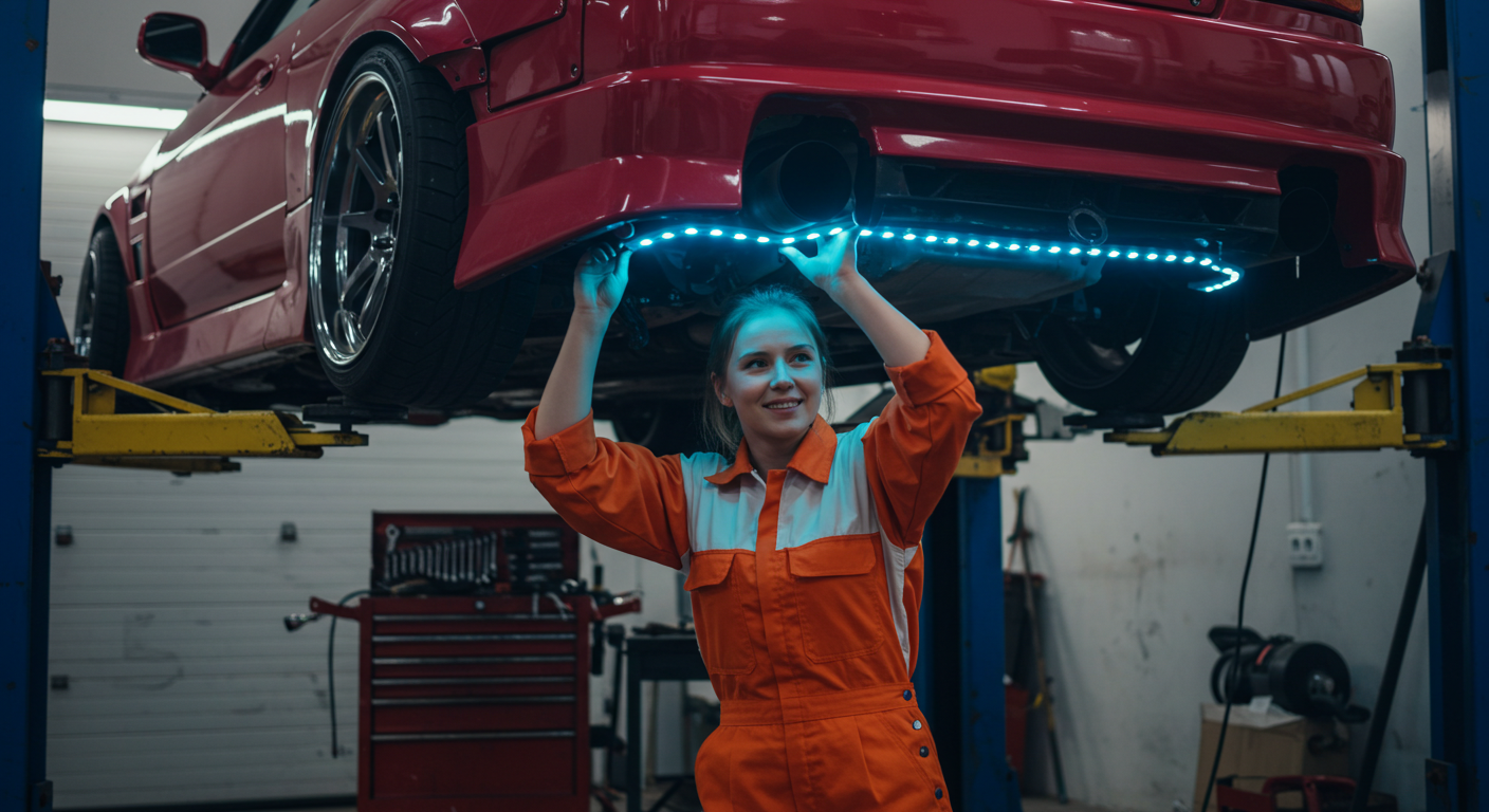 Third party installer installing rear underglow lighting underneath a vehicle in a workshop