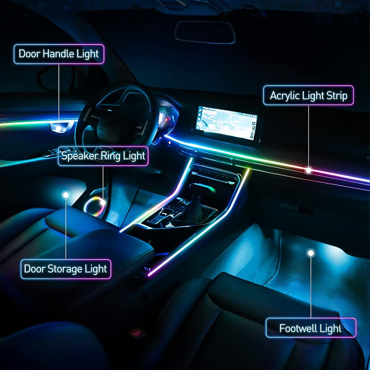 Car interior with labeled LED lights including door handle, speaker ring, and footwell lights.