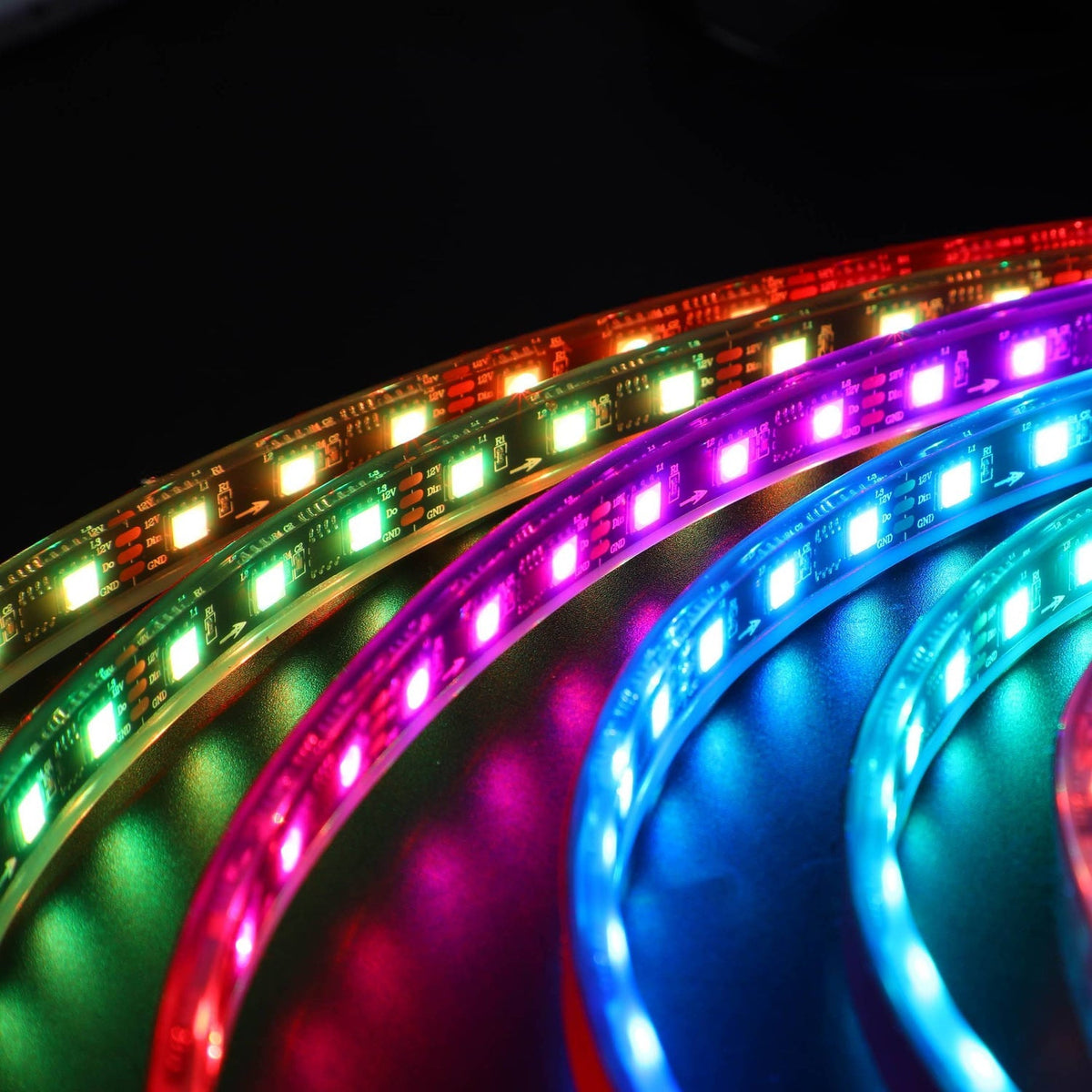 Colorful Underglow LED extension strips in red, purple, blue, and green