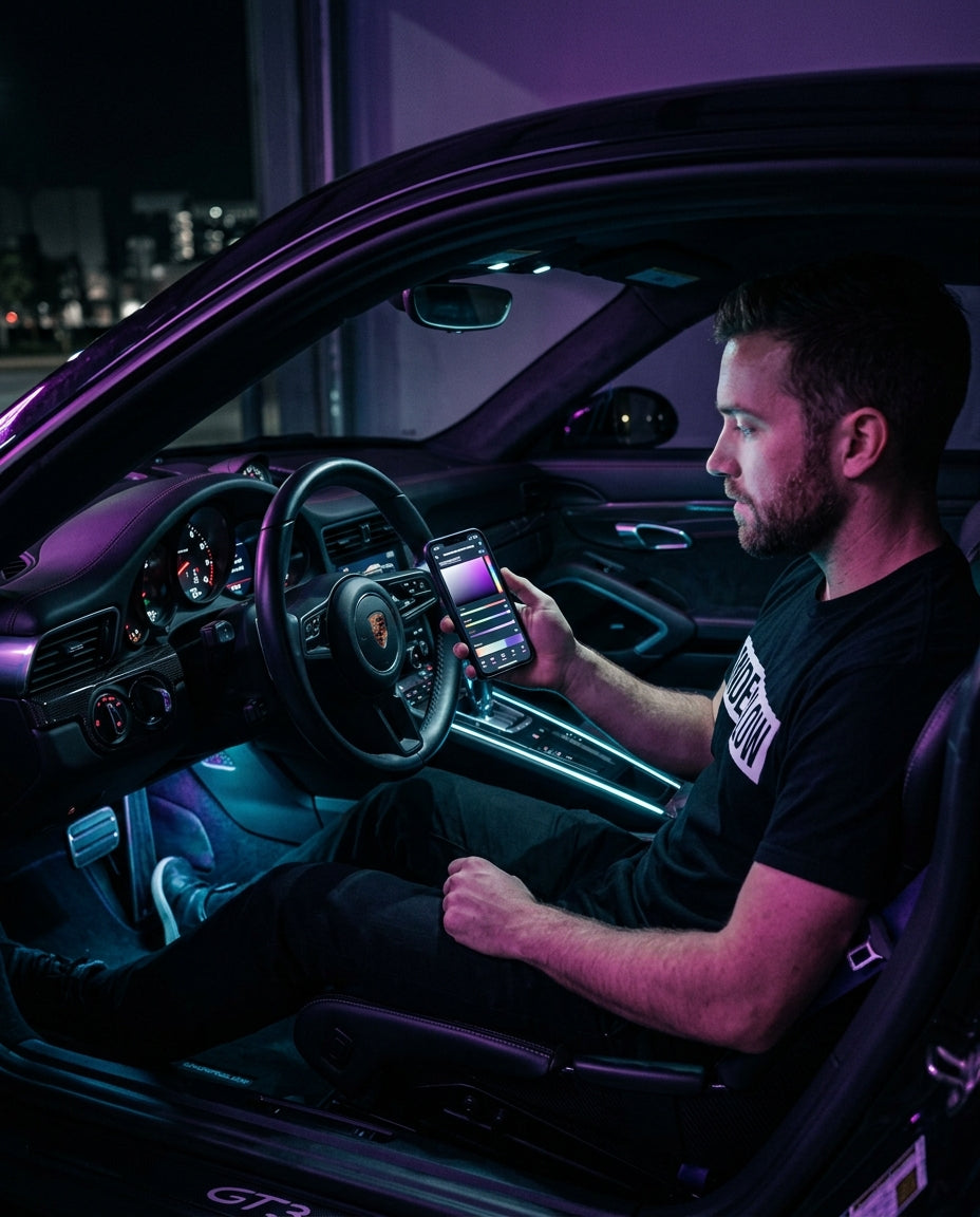 Driver controlling purple interior ambient LED lighting from a phone app