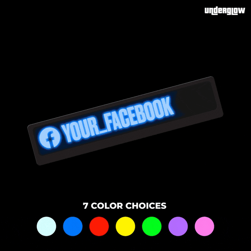 Underglow USB powered LED social media decal with Facebook icon in blue and 7 color options.