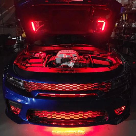 Blue car with Underglow red LED engine bay and grille lighting