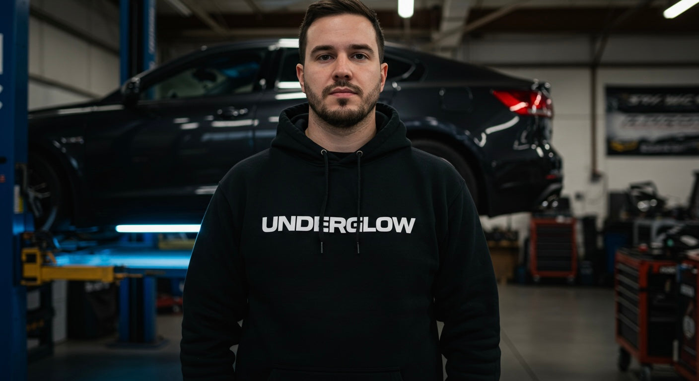 Underglow team member wearing black Underglow hoodie standing in auto workshop with car featuring bright underglow lighting